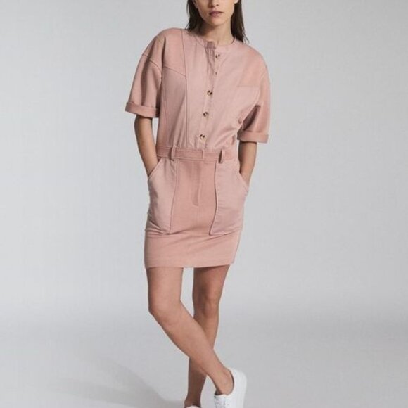 Reiss Emlyn Panel Detail Sweatshirt Dress Front Buttons Pockets Womens Size 6 - Picture 1 of 10